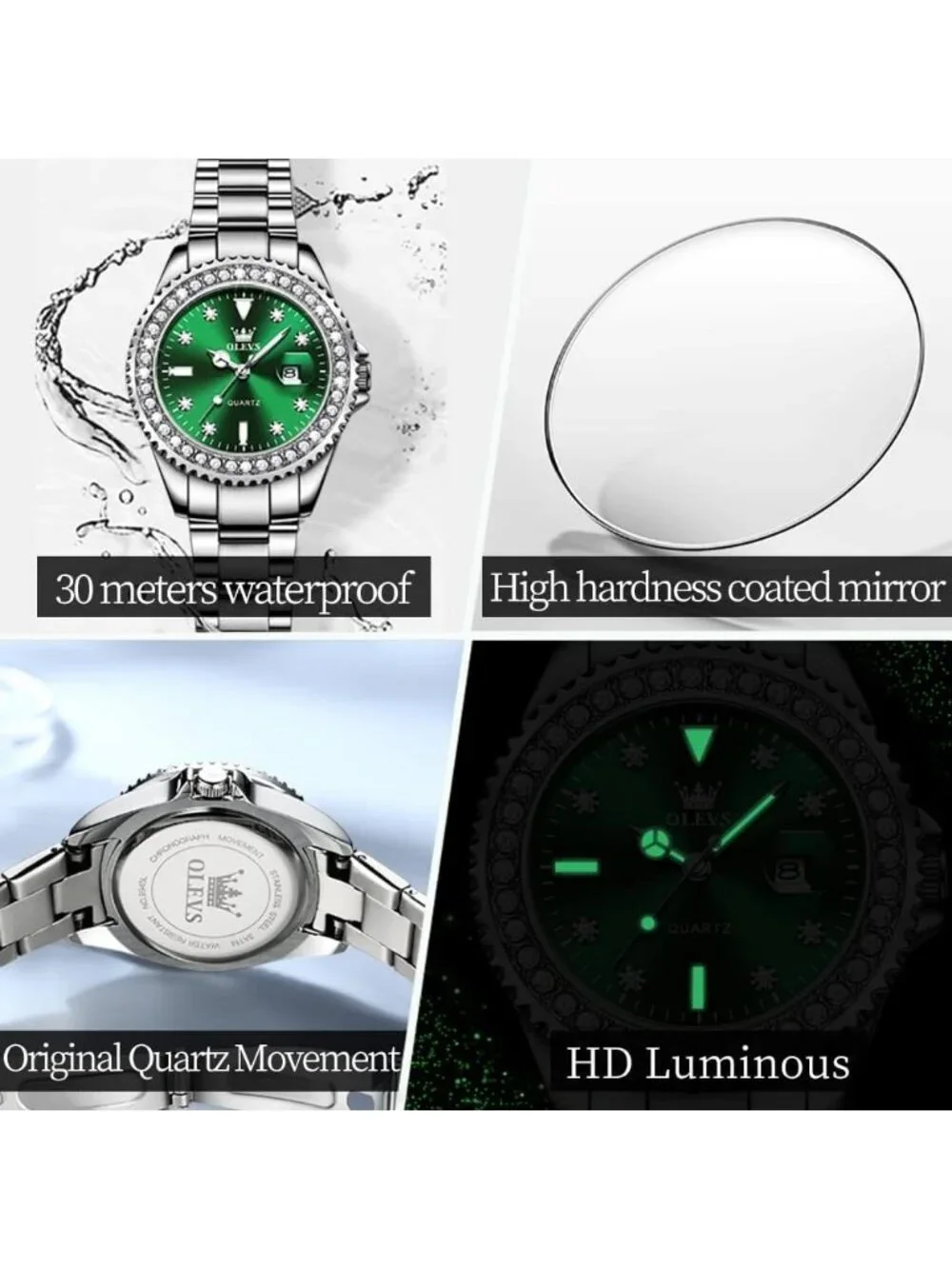 Women's Green Luxury Diamond with Date Analog Quartz Waterproof Wrist Watch